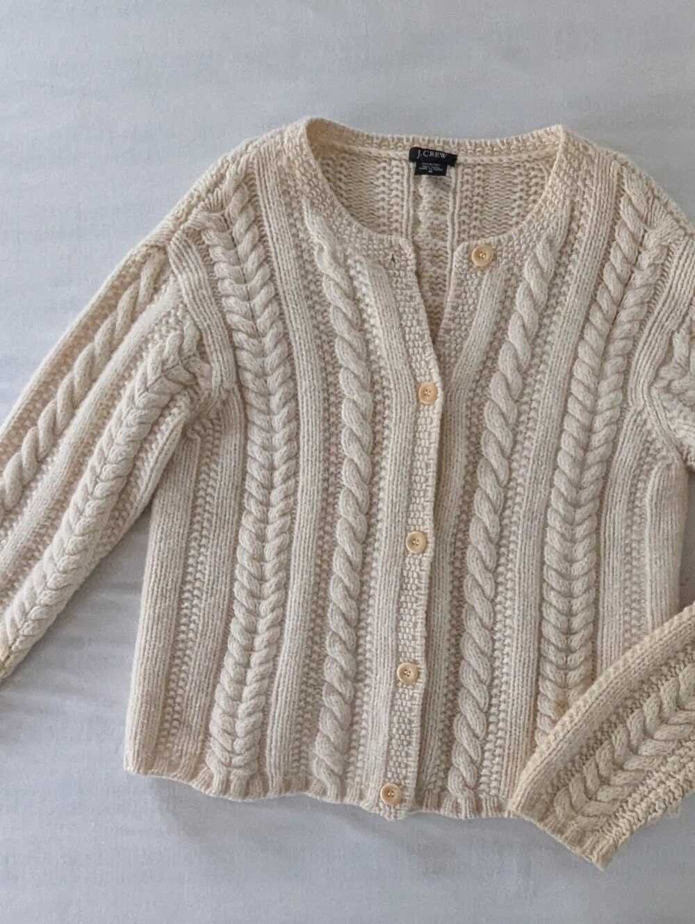Vintage J. Crew Hand Knit 100% Wool Cable Cardigan Sweater M